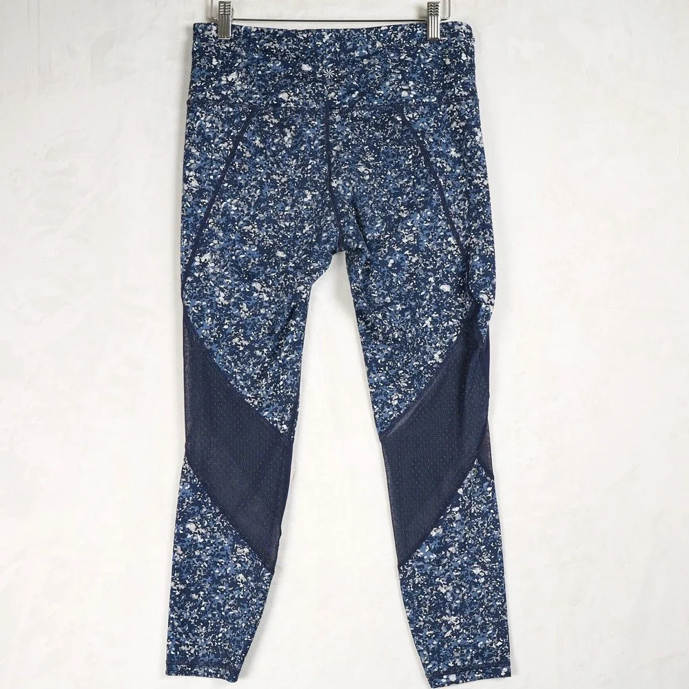 Athleta Medium Leggings Blue Speckled Mesh Panel High Waisted Performance Womens